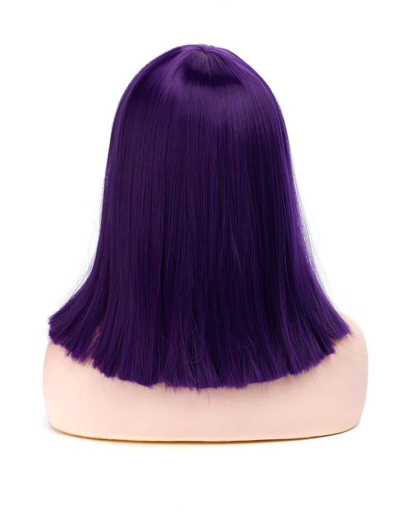 morvally Short Straight Purple Wig with Bangs Natural Looking Heat Resistant Hair Cosplay Costume Wigs for Women (14 inches Dark Purple) - Image 4